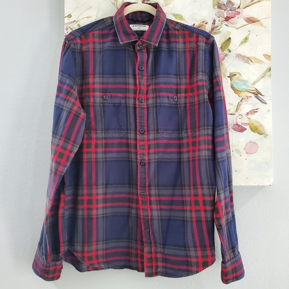 Express mens flannel button down shirt. Long sleeve, size M, blue, gray, red - Picture 1 of 8